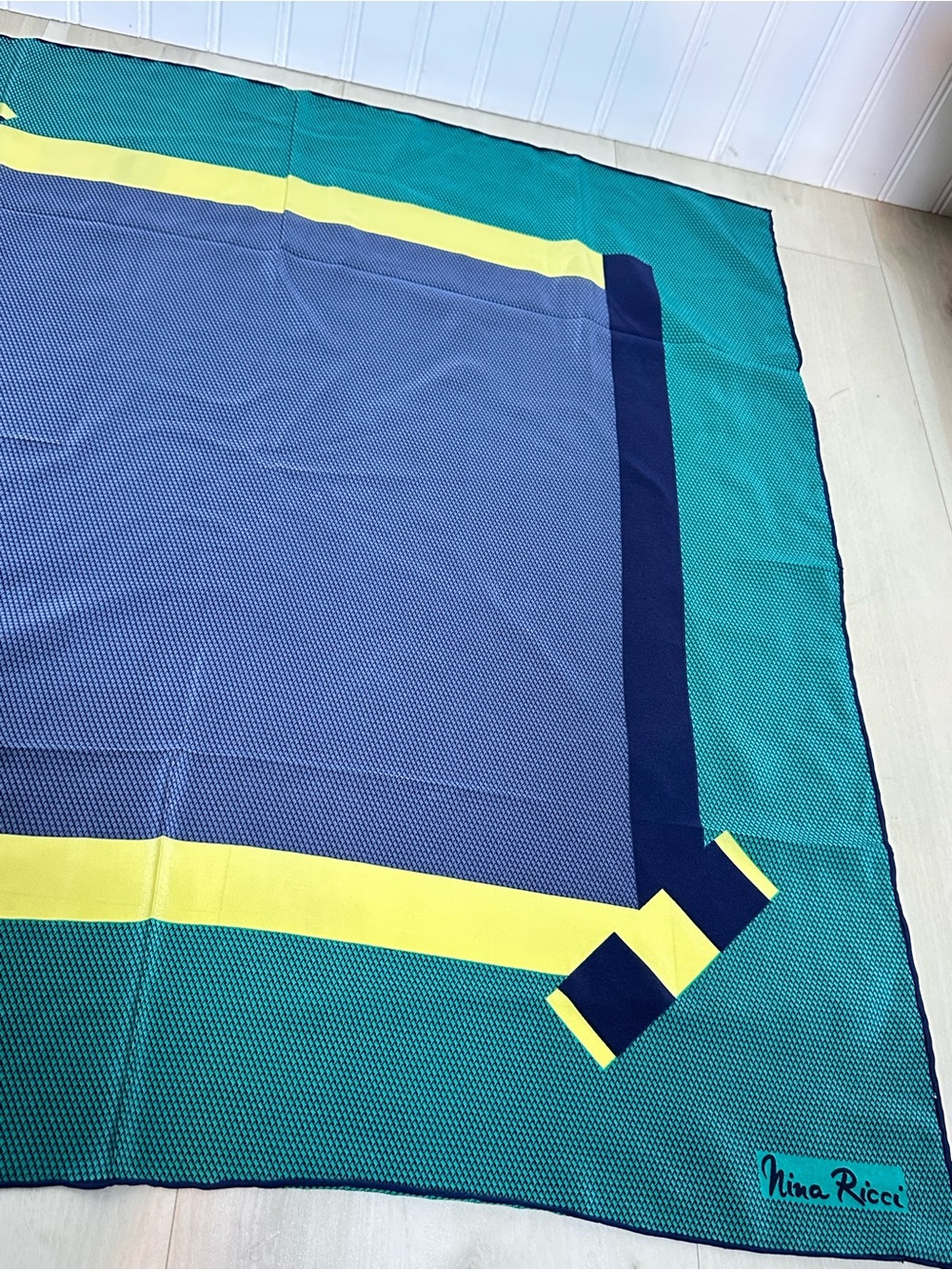 Nina Ricci Teal, Navy & Yellow Graphic Square Silk Scarf Italy 30x30 - Picture 5 of 7